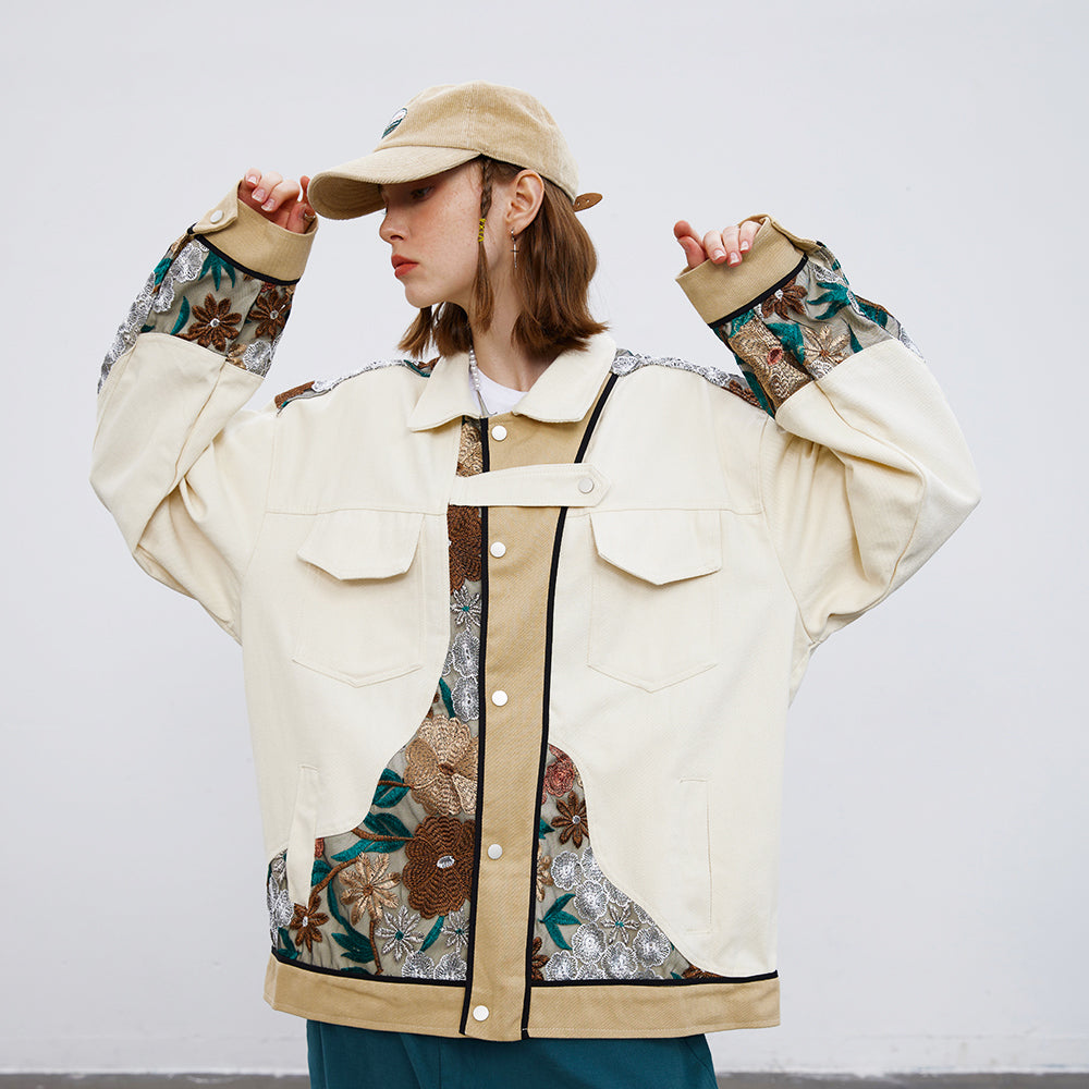 Unisex Stitching Lace Coat – Casual Khaki Jacket for Youth