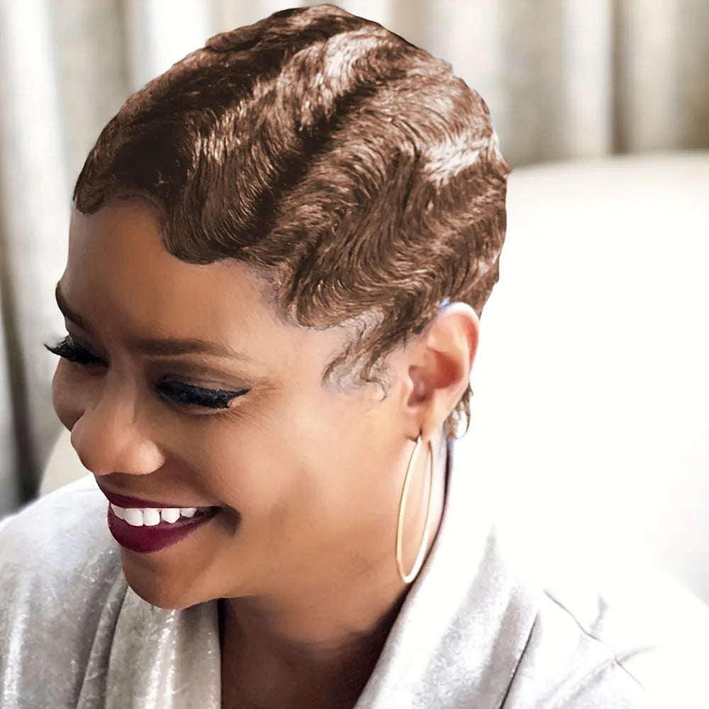 150% Density Brazilian Finger Wave Curly Wave Human Hair Wig Short Pixie Cut Finger Wave Style Full Machine Made Wig