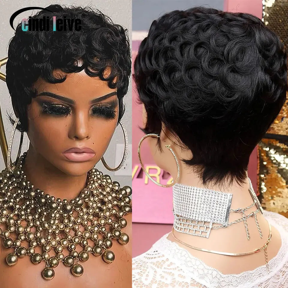 #1B Curly Pixie Cut Short Wigs For Women Natural Black Curly Wig Peruvian Remy Human Hair Bob Full Machine Made Wig 150% Density