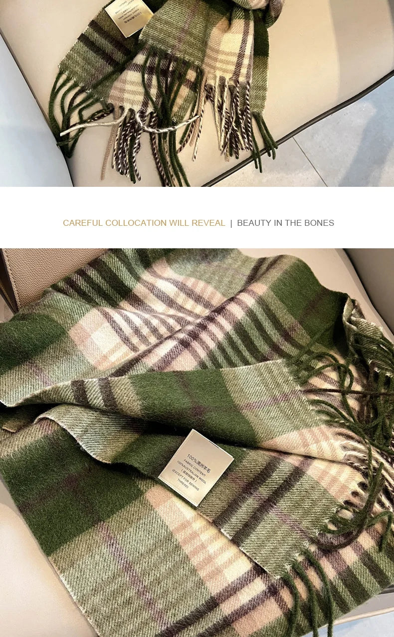 High Quality 100% Pure Wool Plaid Scarf Women Couples Winter Autumn Soft Warm Tassel Classic Muffler Ladies Thermal Shawl Female