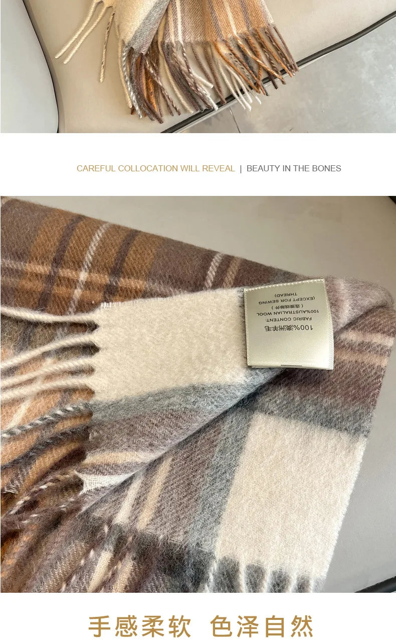 High Quality 100% Pure Wool Plaid Scarf Women Couples Winter Autumn Soft Warm Tassel Classic Muffler Ladies Thermal Shawl Female
