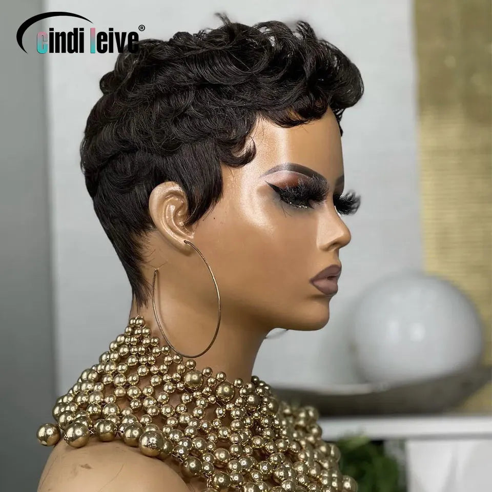 #1B Curly Pixie Cut Short Wigs For Women Natural Black Curly Wig Peruvian Remy Human Hair Bob Full Machine Made Wig 150% Density
