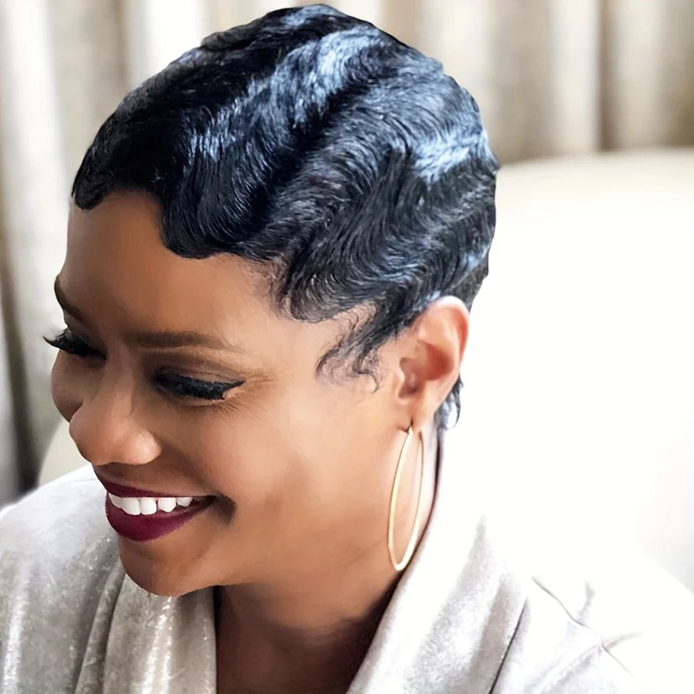 150% Density Brazilian Finger Wave Curly Wave Human Hair Wig Short Pixie Cut Finger Wave Style Full Machine Made Wig