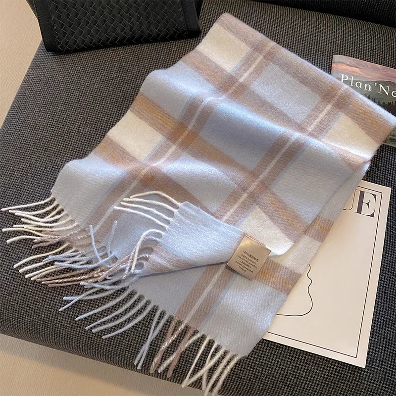High Quality 100% Pure Wool Plaid Scarf Women Couples Winter Autumn Soft Warm Tassel Classic Muffler Ladies Thermal Shawl Female