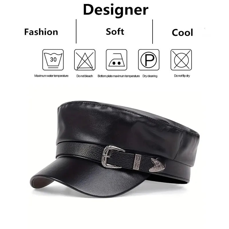 Unisex Leather Military Style Cap – Retro Black Faux Leather Army Hat with Belt Buckle Detail | Adjustable 56–58cm