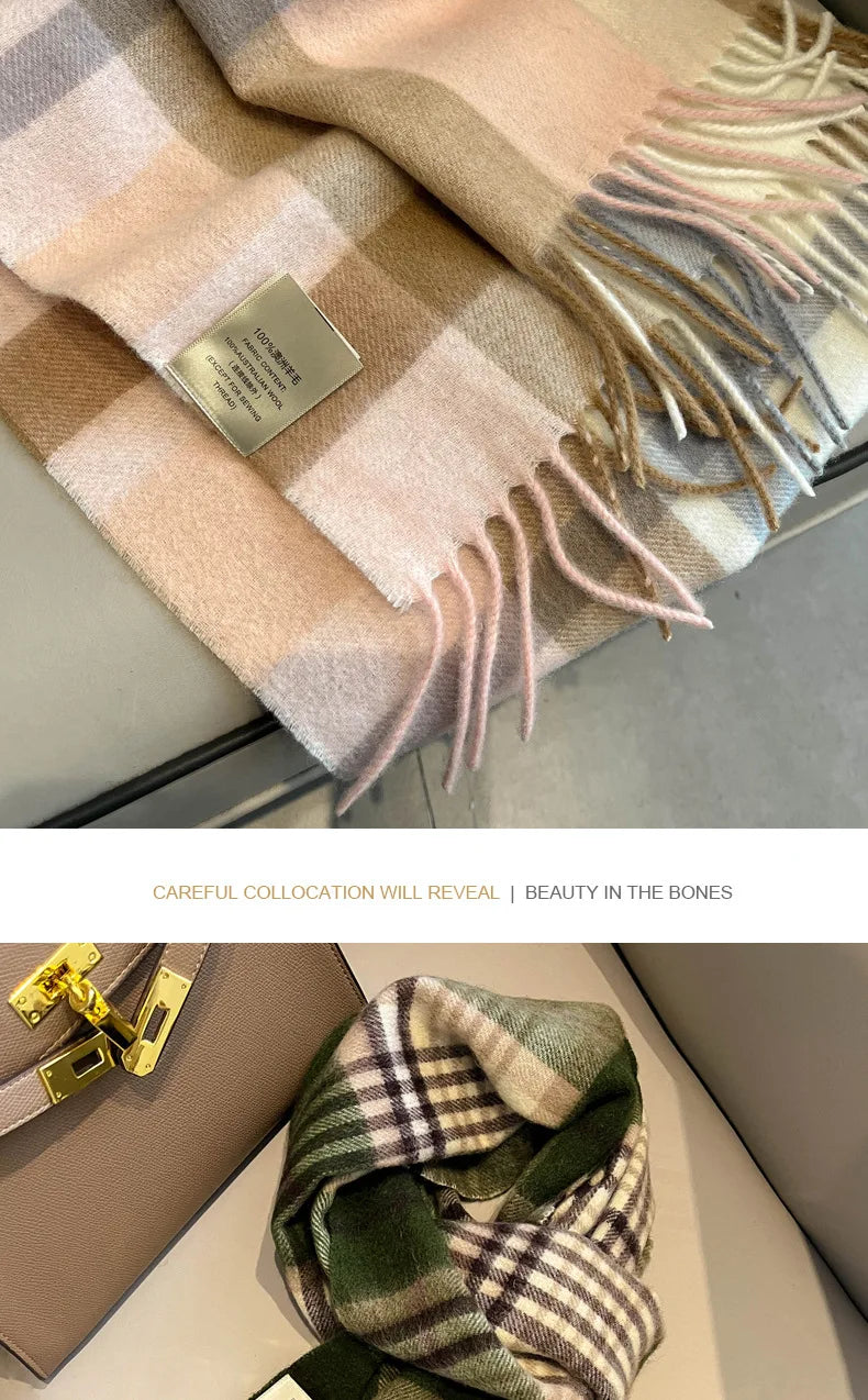 High Quality 100% Pure Wool Plaid Scarf Women Couples Winter Autumn Soft Warm Tassel Classic Muffler Ladies Thermal Shawl Female