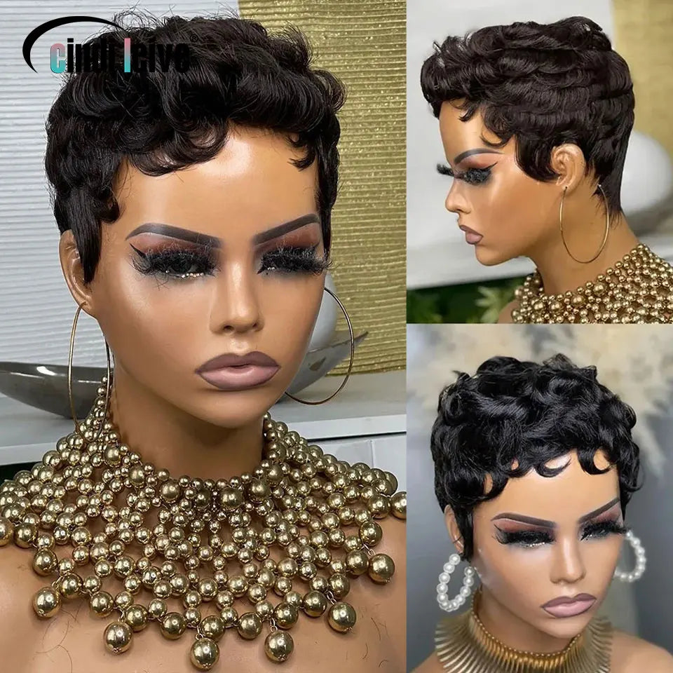 #1B Curly Pixie Cut Short Wigs For Women Natural Black Curly Wig Peruvian Remy Human Hair Bob Full Machine Made Wig 150% Density