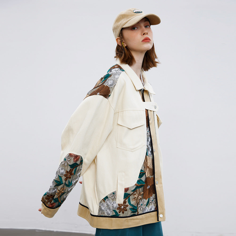 Unisex Stitching Lace Coat – Casual Khaki Jacket for Youth