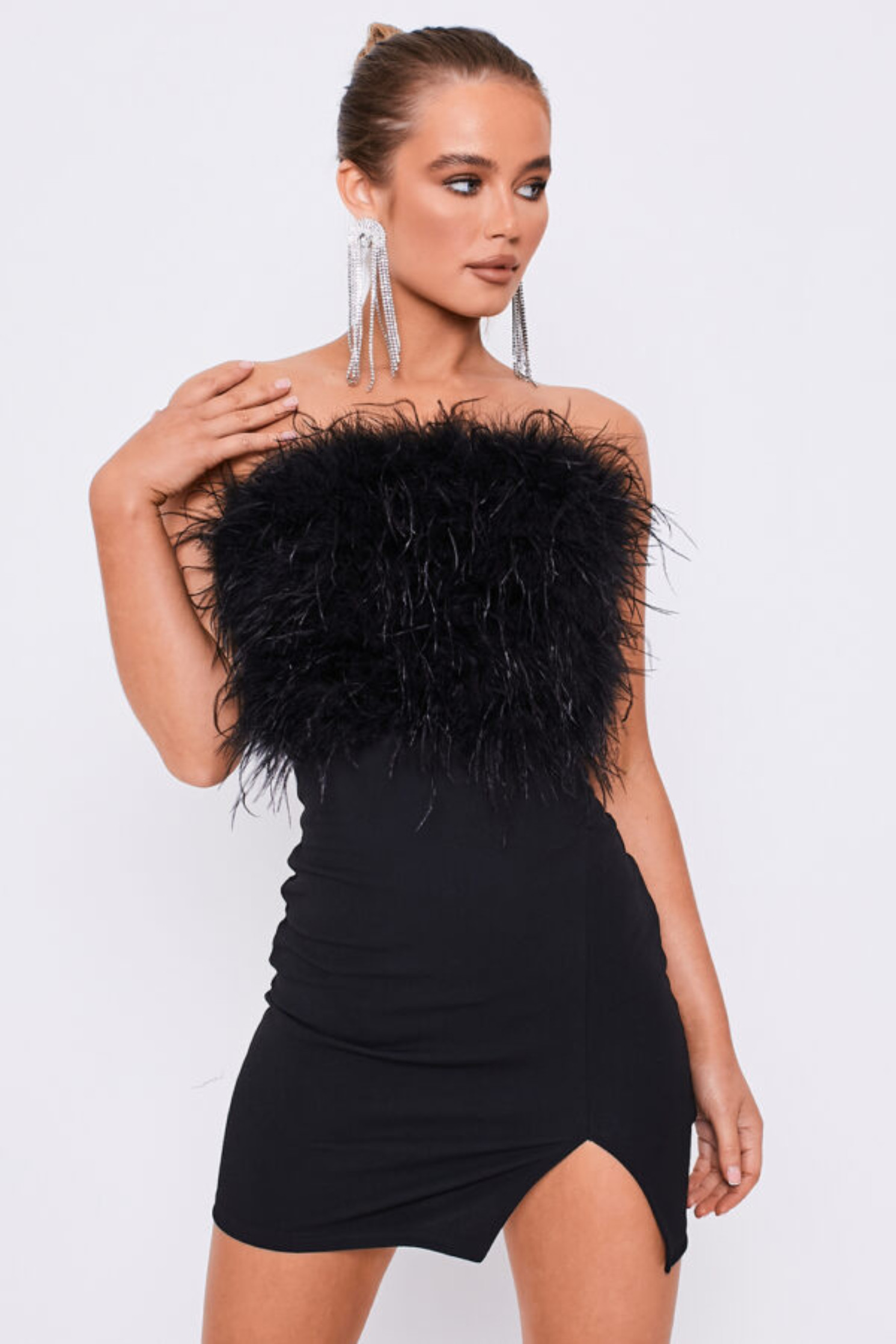 fawn black feather skirt bodycon dress Black_Feather_Strapless_Bodycon_Slit_Dress_First.png?v=1761992622&width=1920