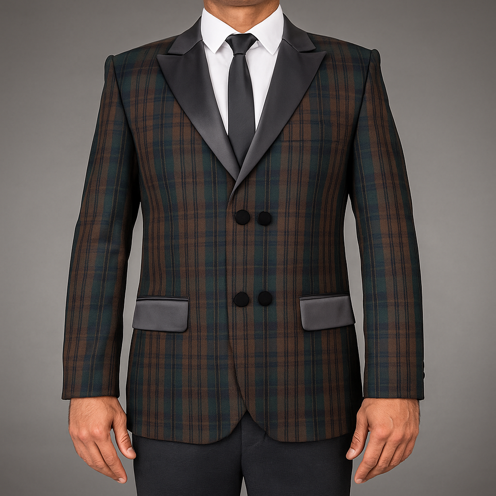 Men’s Scottish BlackWatch Weathered Tartan Blazer Jacket – Acrylic Wool Fabric, Satin Lapels, Double-Breasted