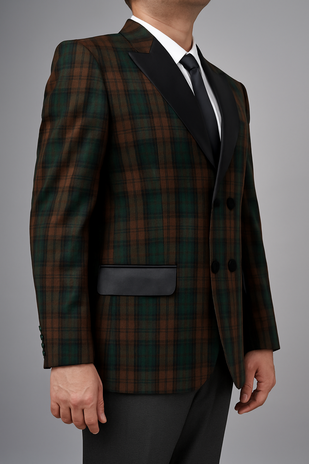 Men’s Scottish BlackWatch Weathered Tartan Blazer Jacket – Acrylic Wool Fabric, Satin Lapels, Double-Breasted