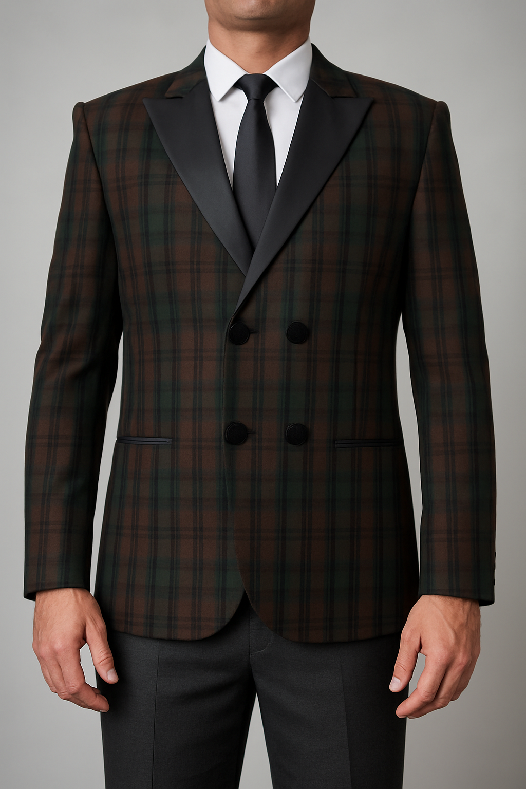 Men’s Scottish BlackWatch Weathered Tartan Blazer Jacket – Acrylic Wool Fabric, Satin Lapels, Double-Breasted