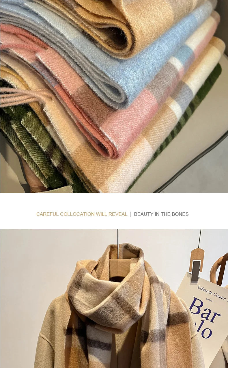 High Quality 100% Pure Wool Plaid Scarf Women Couples Winter Autumn Soft Warm Tassel Classic Muffler Ladies Thermal Shawl Female