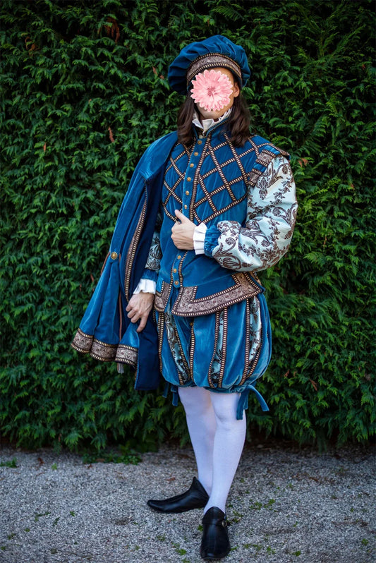 Medieval Renaissance Tudor Mens Costume Blue Royal Noble Prince Costume Tudor Elizabethan King Henry Ball Gown with Cape