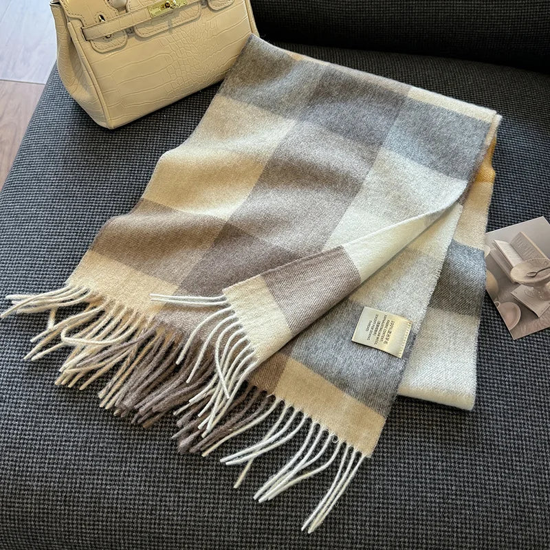 High Quality 100% Pure Wool Plaid Scarf Women Couples Winter Autumn Soft Warm Tassel Classic Muffler Ladies Thermal Shawl Female