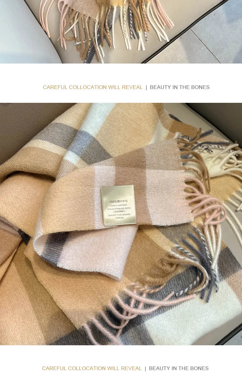 High Quality 100% Pure Wool Plaid Scarf Women Couples Winter Autumn Soft Warm Tassel Classic Muffler Ladies Thermal Shawl Female