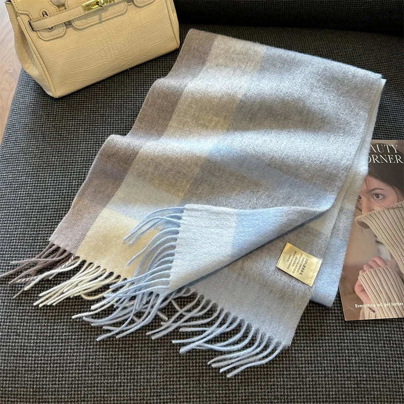 High Quality 100% Pure Wool Plaid Scarf Women Couples Winter Autumn Soft Warm Tassel Classic Muffler Ladies Thermal Shawl Female