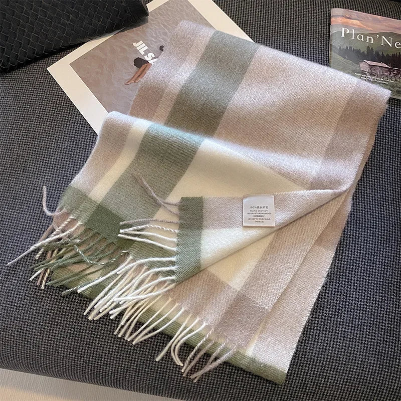 High Quality 100% Pure Wool Plaid Scarf Women Couples Winter Autumn Soft Warm Tassel Classic Muffler Ladies Thermal Shawl Female