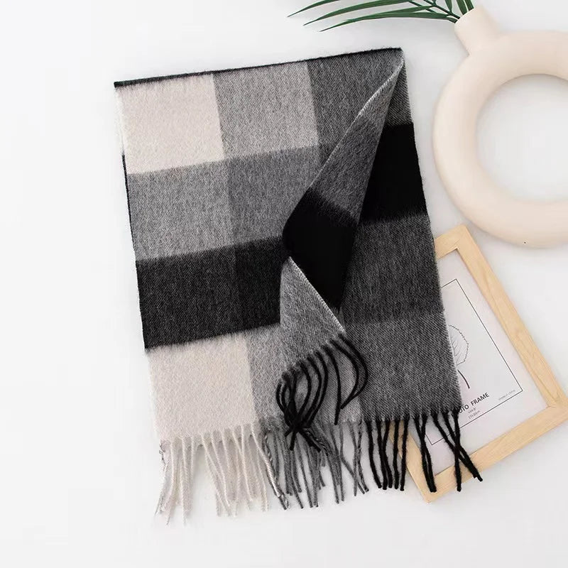 High Quality 100% Pure Wool Plaid Scarf Women Couples Winter Autumn Soft Warm Tassel Classic Muffler Ladies Thermal Shawl Female