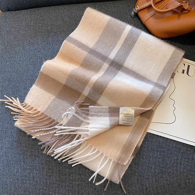 High Quality 100% Pure Wool Plaid Scarf Women Couples Winter Autumn Soft Warm Tassel Classic Muffler Ladies Thermal Shawl Female