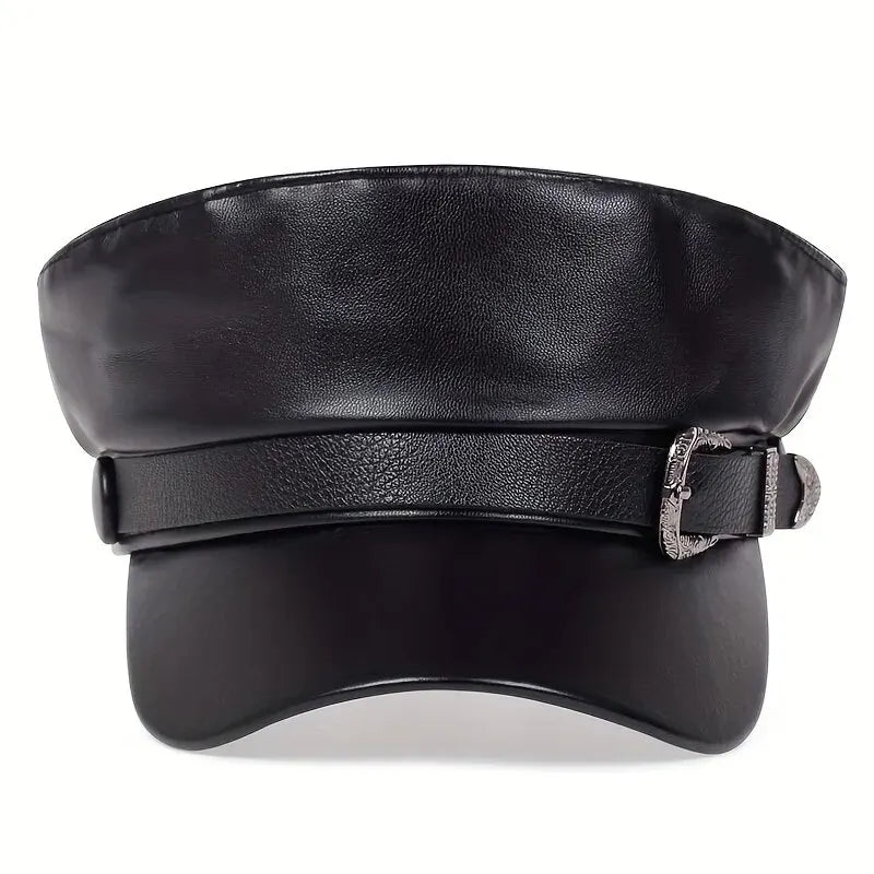 Unisex Leather Military Style Cap – Retro Black Faux Leather Army Hat with Belt Buckle Detail | Adjustable 56–58cm
