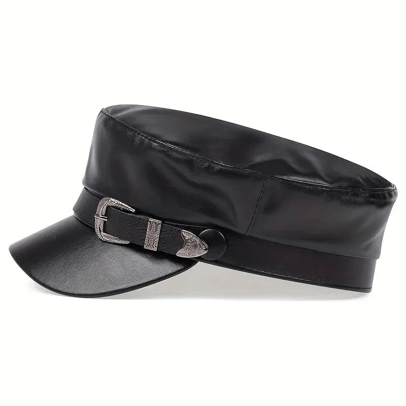 Unisex Leather Military Style Cap – Retro Black Faux Leather Army Hat with Belt Buckle Detail | Adjustable 56–58cm