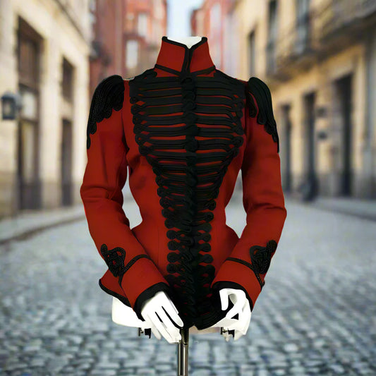 1890s Women’s Gothic Steampunk Red Hussar Jacket – Victorian Civil War Officer Coat with Black Braid
