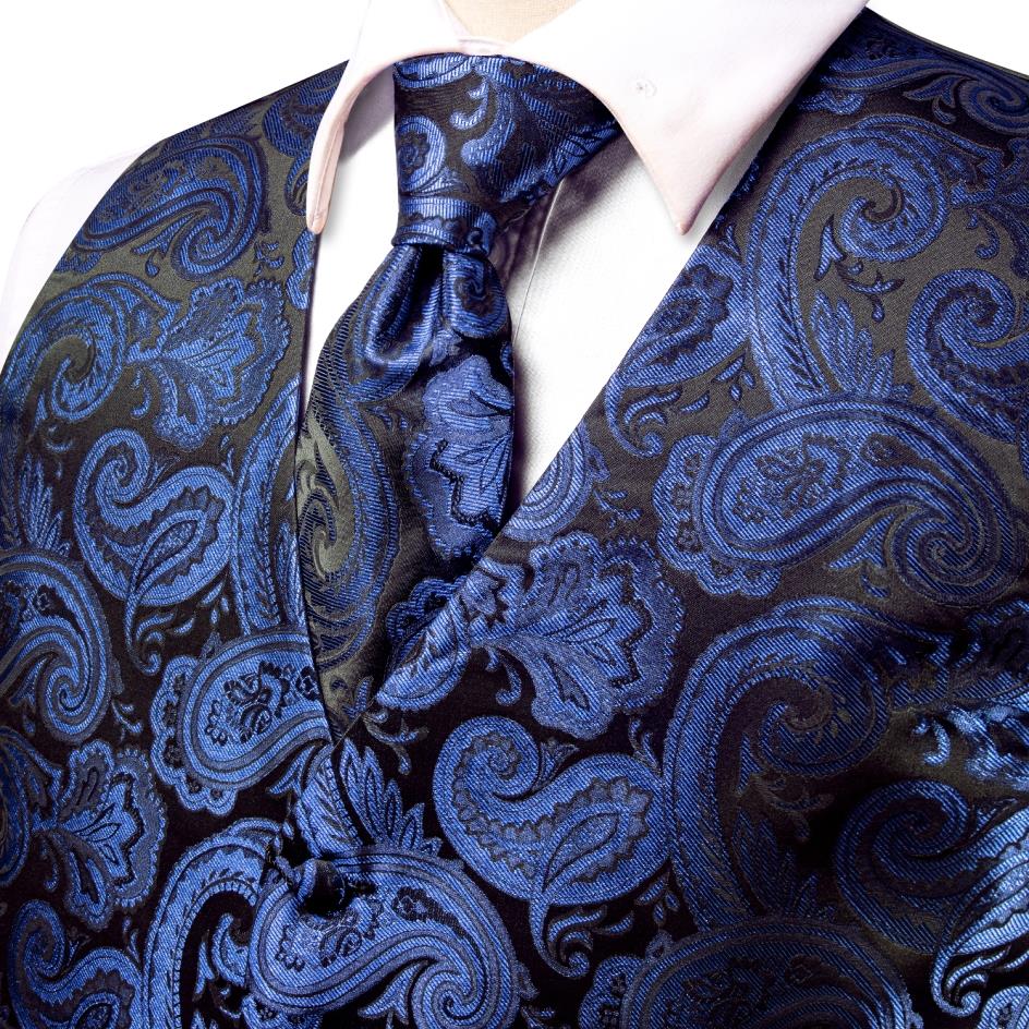 Men’s 4-Piece Paisley Vest Set – Royal Blue Waistcoat with Tie, Pocket Square & Cufflinks – Formal Tuxedo Suit Accessory for Wedding, Party, Prom