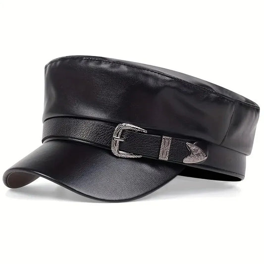 Unisex Leather Military Style Cap – Retro Black Faux Leather Army Hat with Belt Buckle Detail | Adjustable 56–58cm