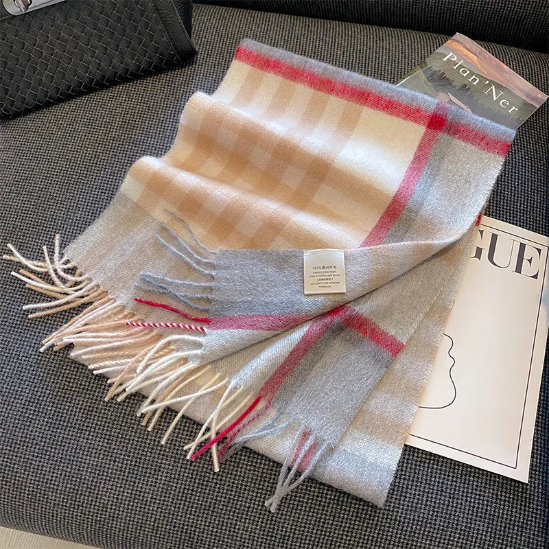 High Quality 100% Pure Wool Plaid Scarf Women Couples Winter Autumn Soft Warm Tassel Classic Muffler Ladies Thermal Shawl Female