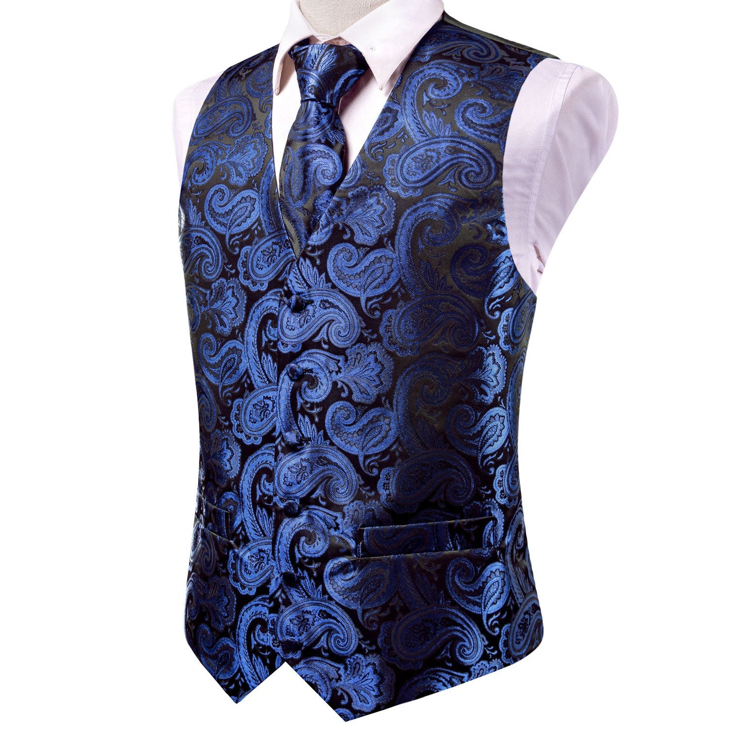 Men’s 4-Piece Paisley Vest Set – Royal Blue Waistcoat with Tie, Pocket Square & Cufflinks – Formal Tuxedo Suit Accessory for Wedding, Party, Prom