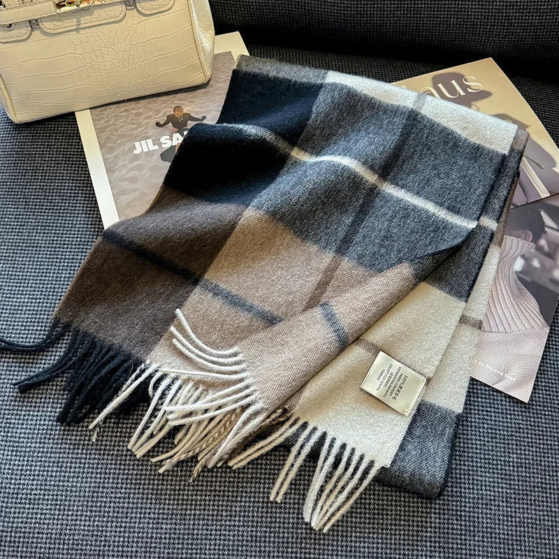 High Quality 100% Pure Wool Plaid Scarf Women Couples Winter Autumn Soft Warm Tassel Classic Muffler Ladies Thermal Shawl Female