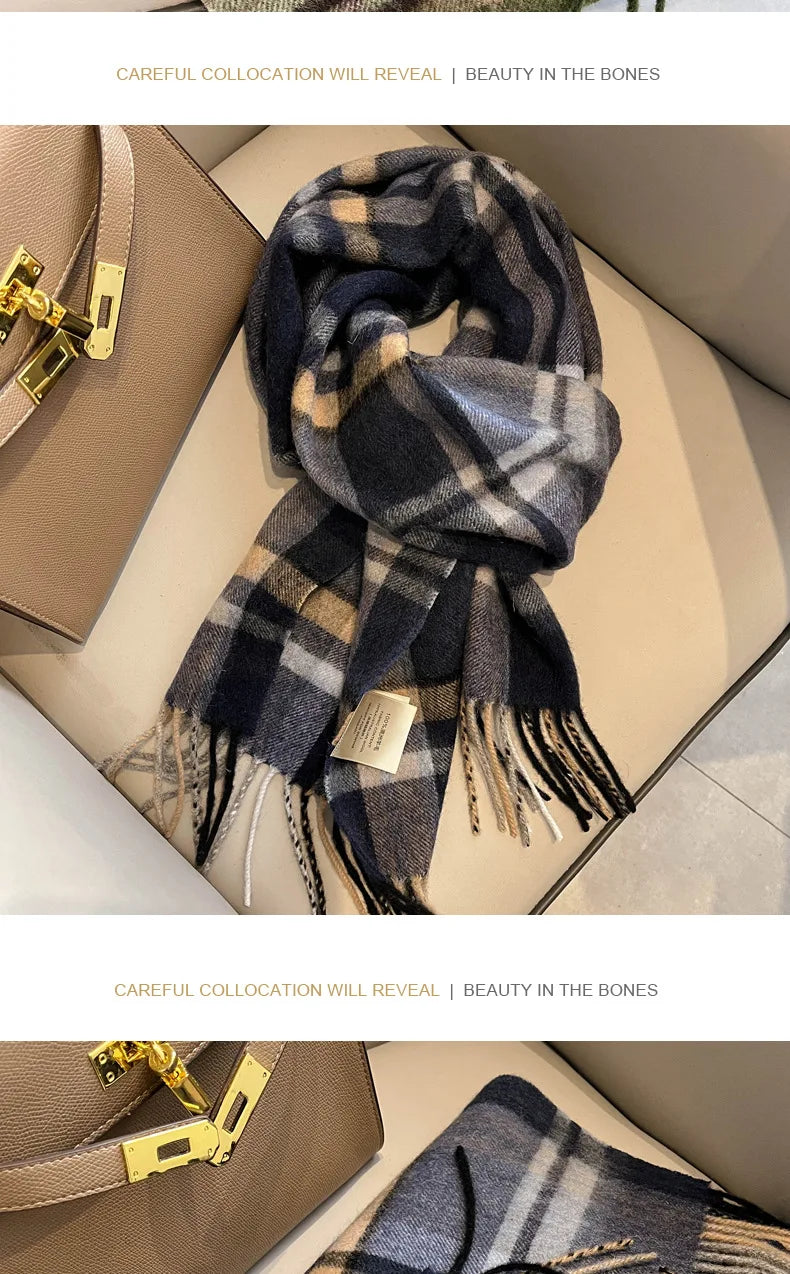High Quality 100% Pure Wool Plaid Scarf Women Couples Winter Autumn Soft Warm Tassel Classic Muffler Ladies Thermal Shawl Female