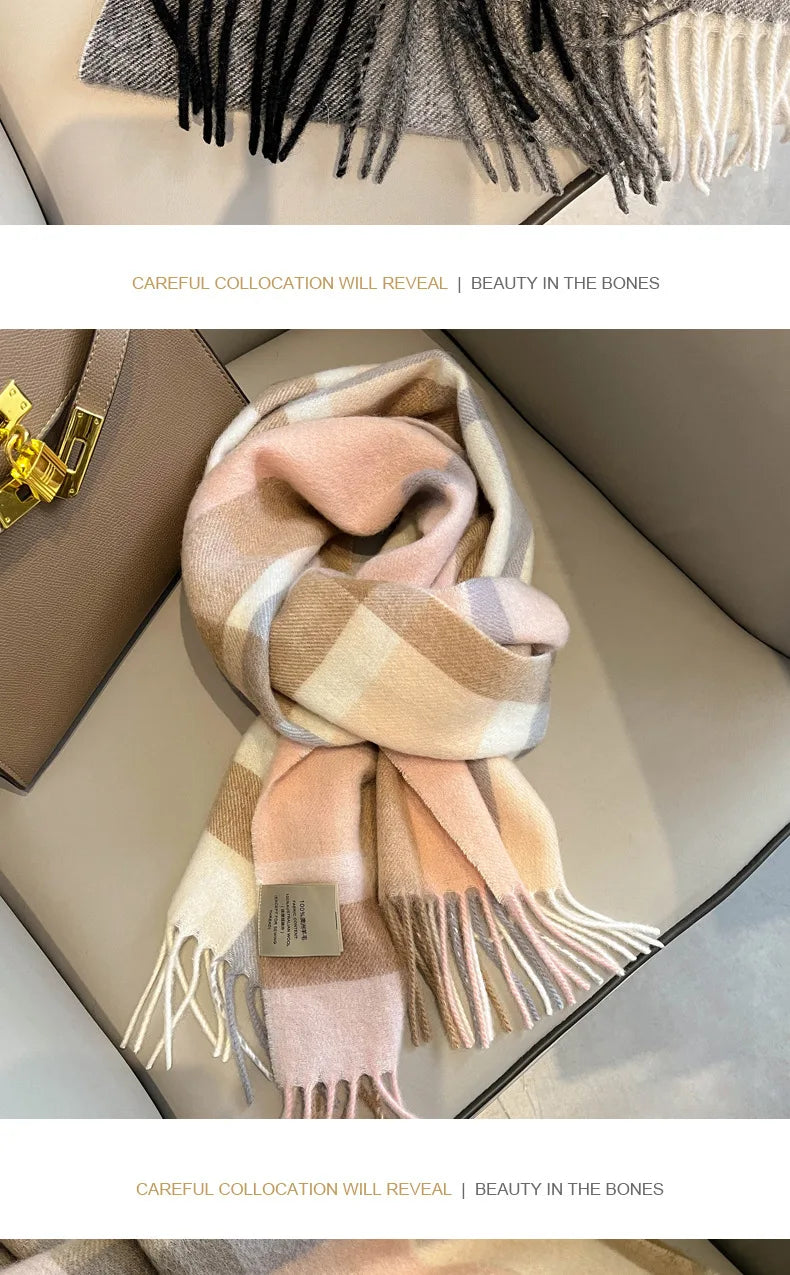 High Quality 100% Pure Wool Plaid Scarf Women Couples Winter Autumn Soft Warm Tassel Classic Muffler Ladies Thermal Shawl Female