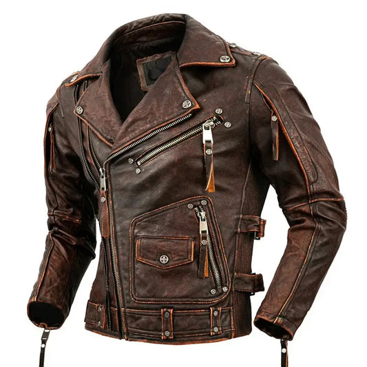 Men’s Genuine Leather Biker Jacket – Vintage Brown & Black