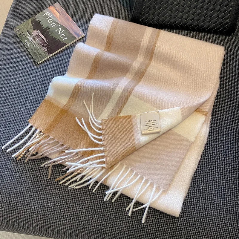 High Quality 100% Pure Wool Plaid Scarf Women Couples Winter Autumn Soft Warm Tassel Classic Muffler Ladies Thermal Shawl Female