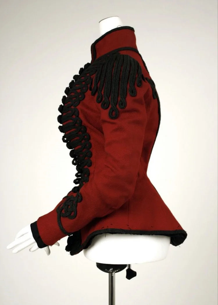 1890s Women’s Gothic Steampunk Red Hussar Jacket – Victorian Civil War Officer Coat with Black Braid