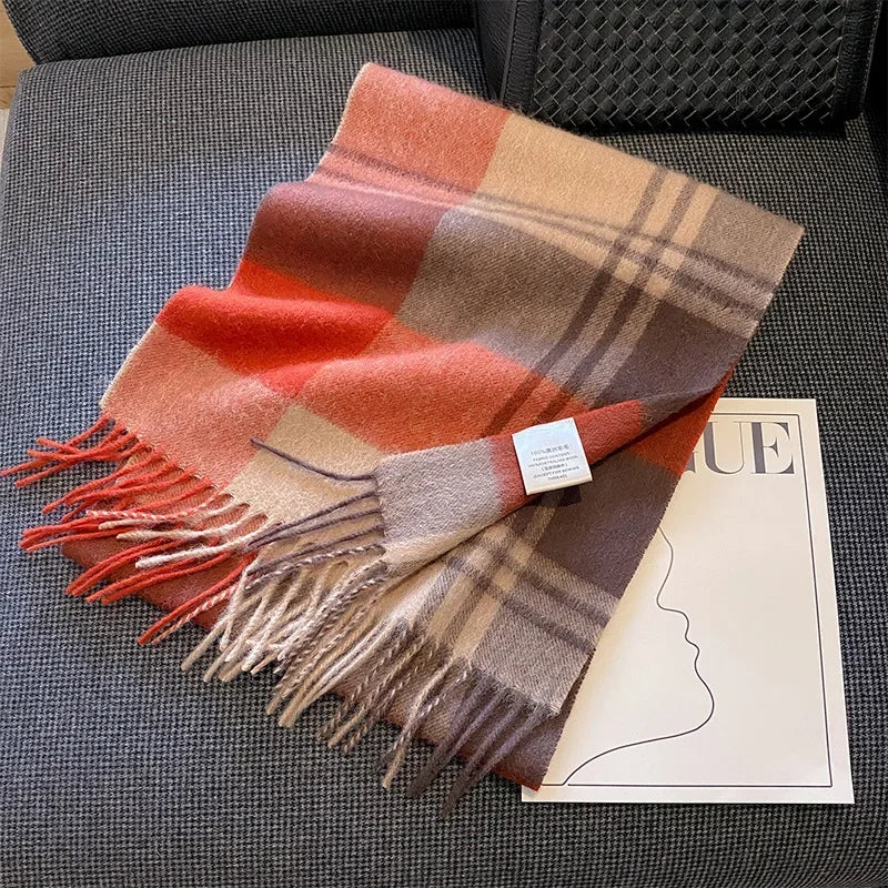 High Quality 100% Pure Wool Plaid Scarf Women Couples Winter Autumn Soft Warm Tassel Classic Muffler Ladies Thermal Shawl Female