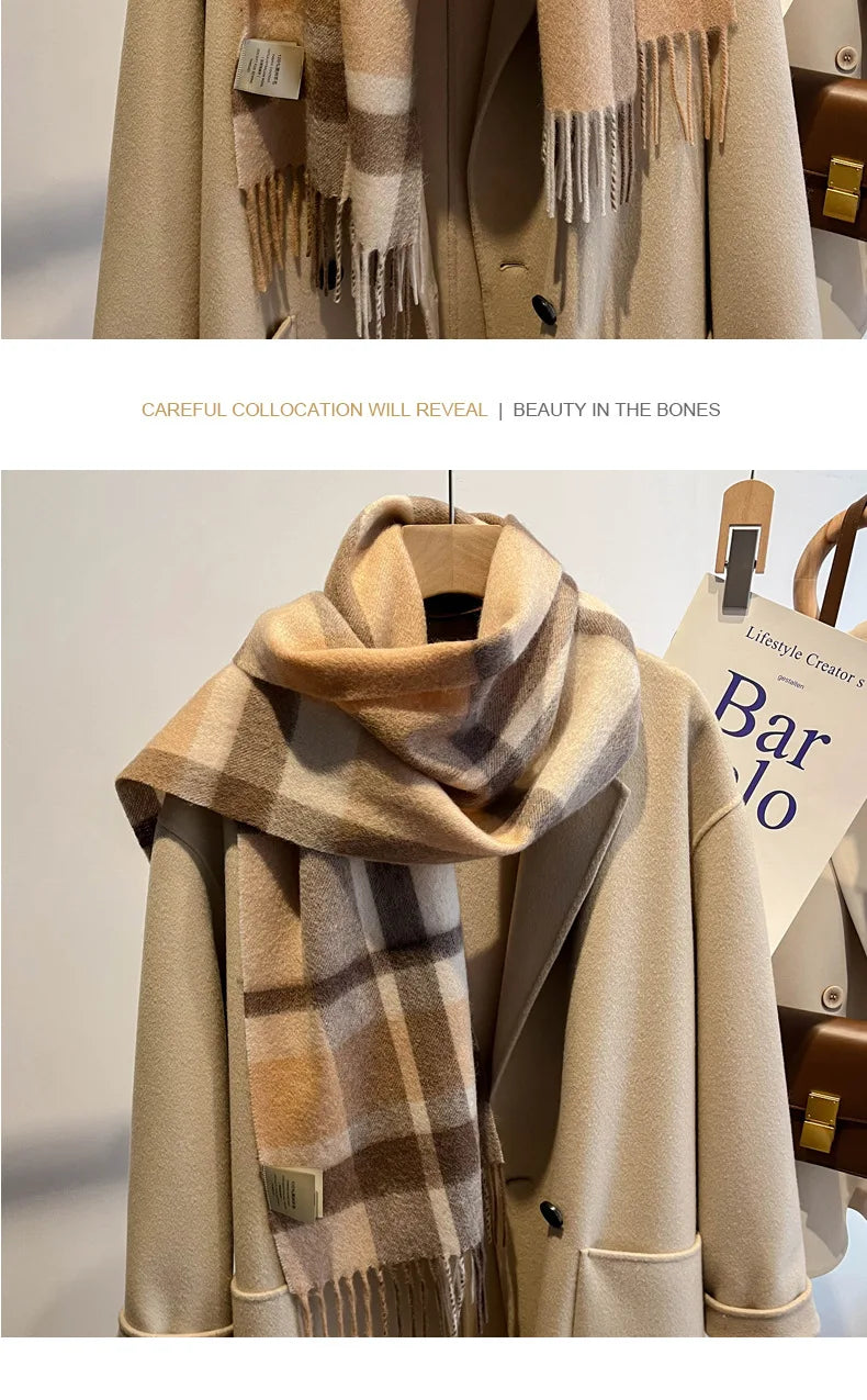 High Quality 100% Pure Wool Plaid Scarf Women Couples Winter Autumn Soft Warm Tassel Classic Muffler Ladies Thermal Shawl Female