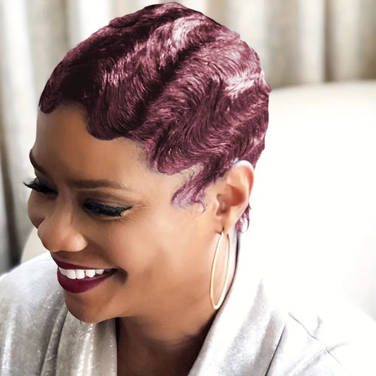 150% Density  Brazilian Finger Wave Curly Wave Human Hair Wig  Short Pixie Cut Finger Wave Style Full Machine Made Wig