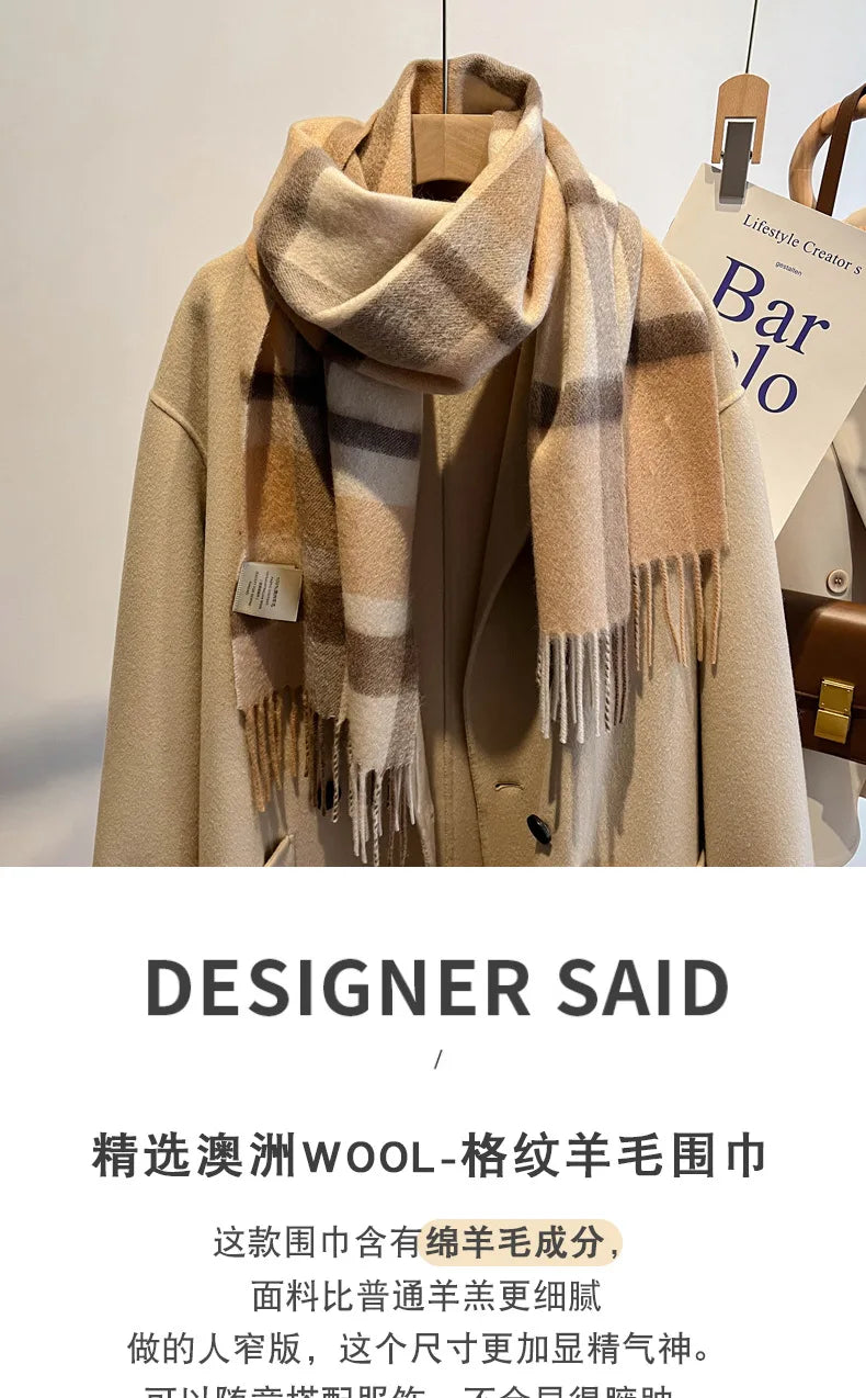 High Quality 100% Pure Wool Plaid Scarf Women Couples Winter Autumn Soft Warm Tassel Classic Muffler Ladies Thermal Shawl Female