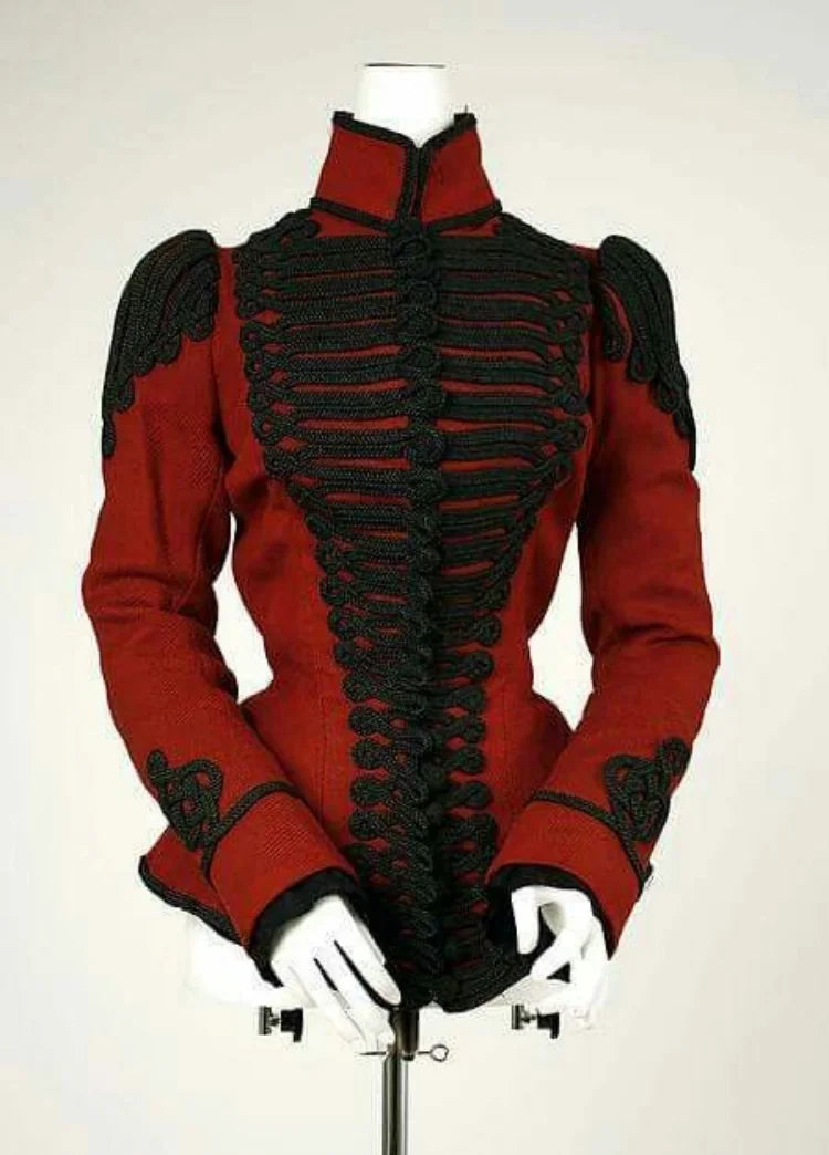 1890s Women’s Gothic Steampunk Red Hussar Jacket – Victorian Civil War Officer Coat with Black Braid