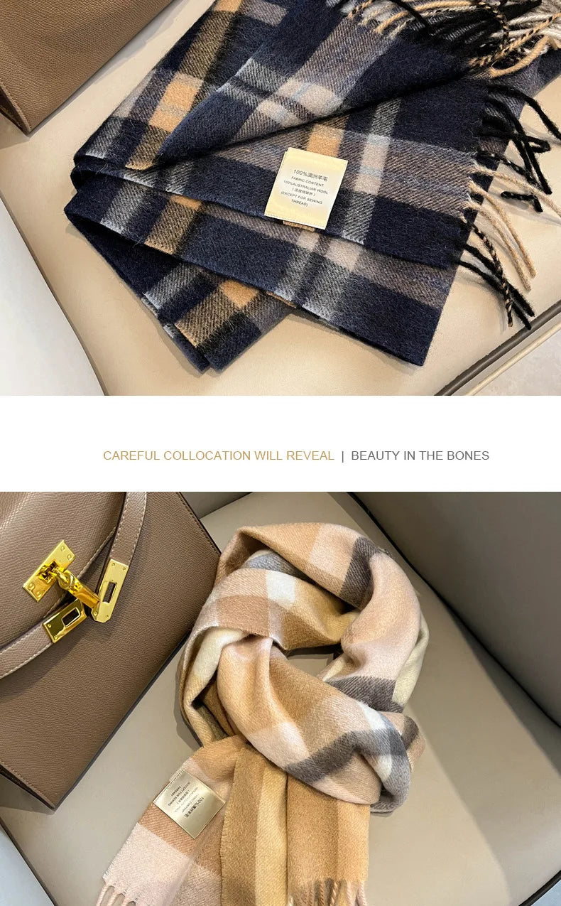 High Quality 100% Pure Wool Plaid Scarf Women Couples Winter Autumn Soft Warm Tassel Classic Muffler Ladies Thermal Shawl Female