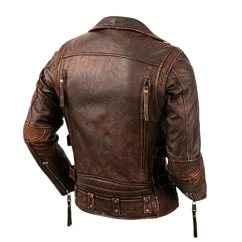 Men’s Genuine Leather Biker Jacket – Vintage Brown & Black
