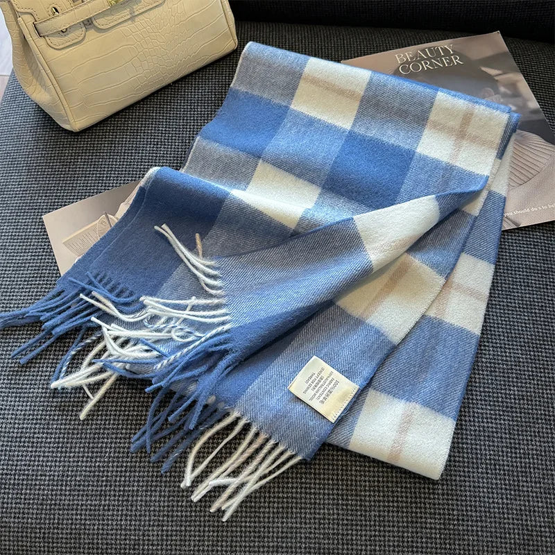 High Quality 100% Pure Wool Plaid Scarf Women Couples Winter Autumn Soft Warm Tassel Classic Muffler Ladies Thermal Shawl Female
