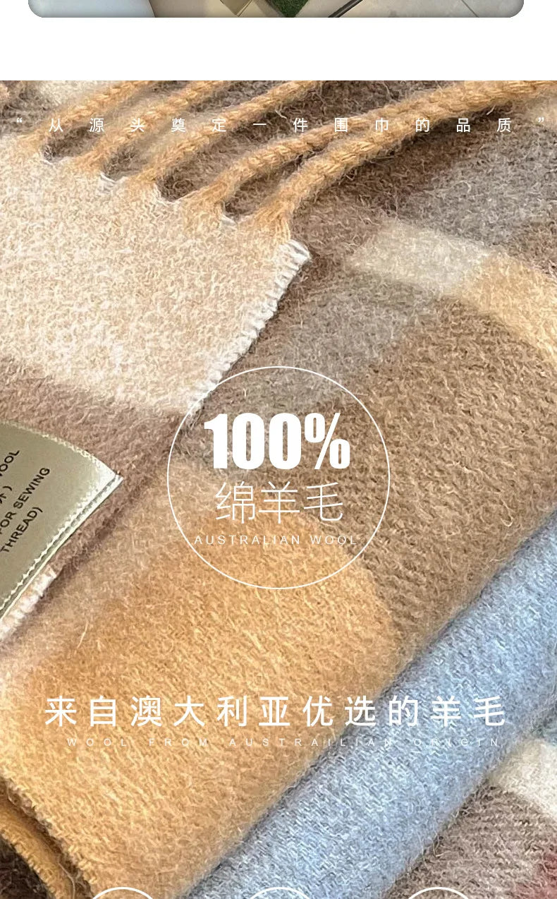 High Quality 100% Pure Wool Plaid Scarf Women Couples Winter Autumn Soft Warm Tassel Classic Muffler Ladies Thermal Shawl Female