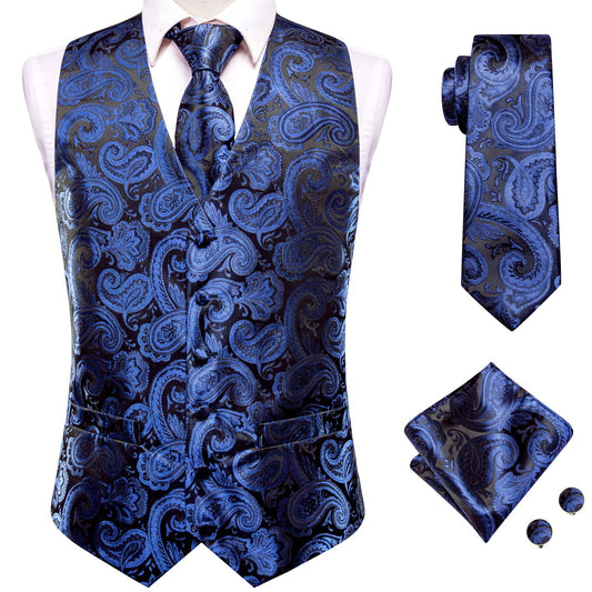 Men’s 4-Piece Paisley Vest Set – Royal Blue Waistcoat with Tie, Pocket Square & Cufflinks – Formal Tuxedo Suit Accessory for Wedding, Party, Prom