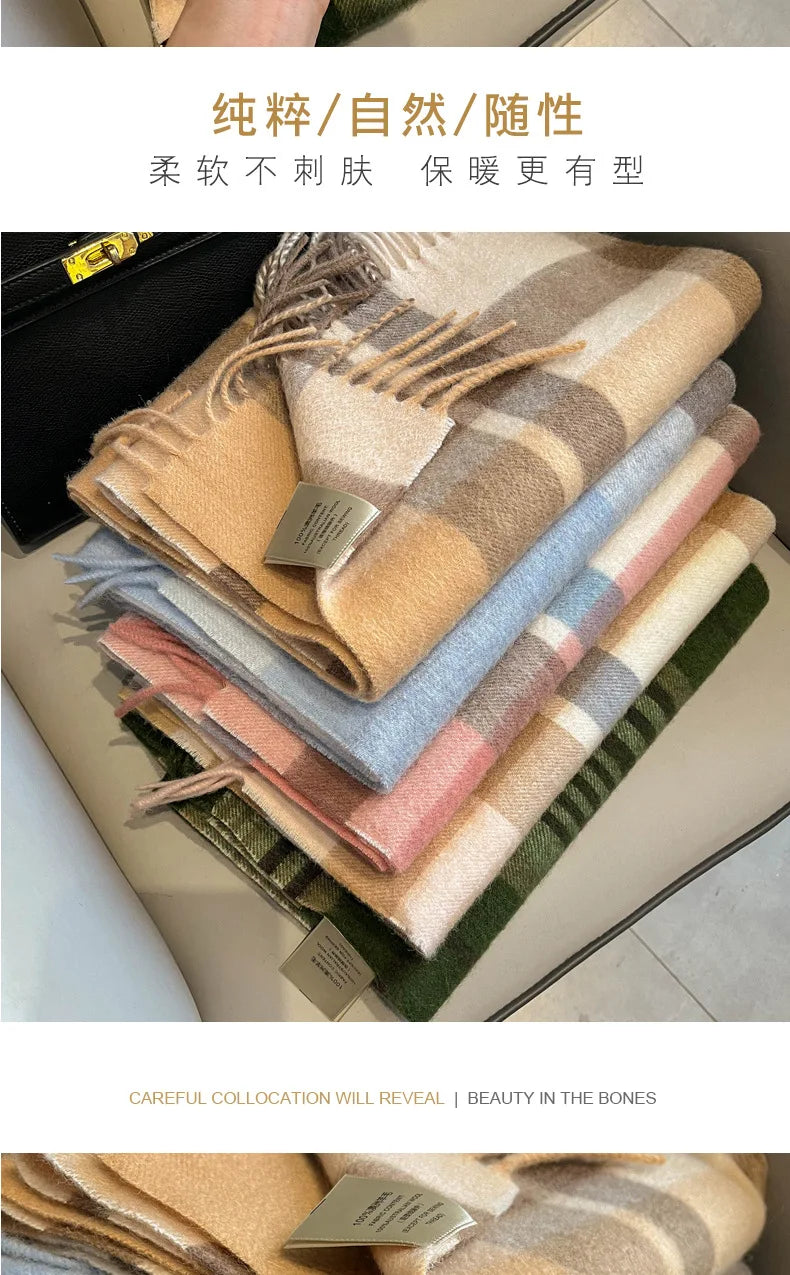 High Quality 100% Pure Wool Plaid Scarf Women Couples Winter Autumn Soft Warm Tassel Classic Muffler Ladies Thermal Shawl Female