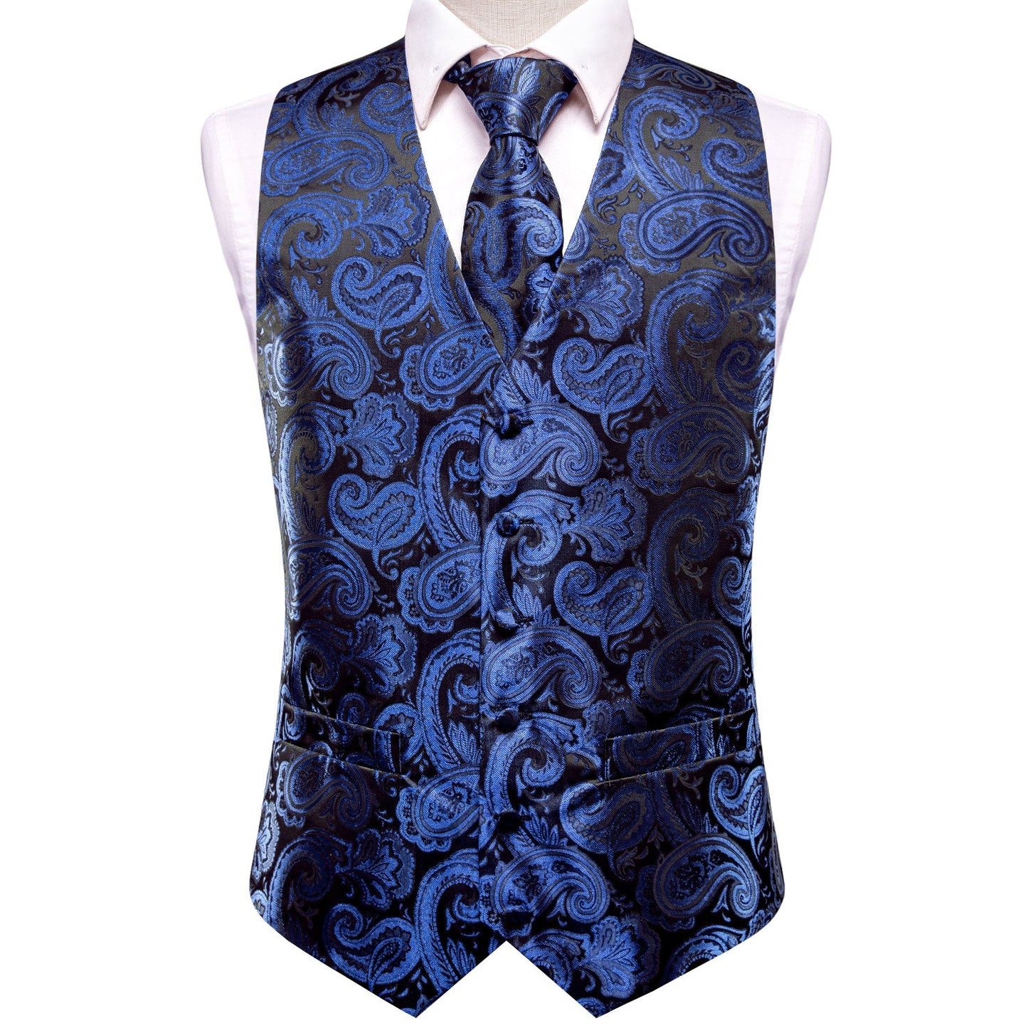 Men’s 4-Piece Paisley Vest Set – Royal Blue Waistcoat with Tie, Pocket Square & Cufflinks – Formal Tuxedo Suit Accessory for Wedding, Party, Prom