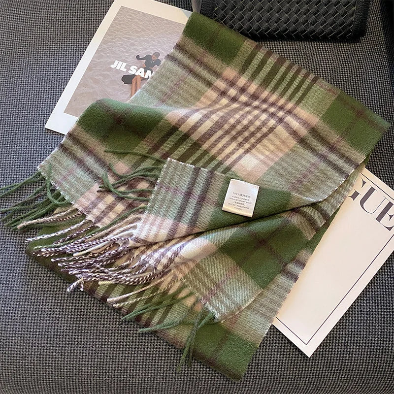 High Quality 100% Pure Wool Plaid Scarf Women Couples Winter Autumn Soft Warm Tassel Classic Muffler Ladies Thermal Shawl Female